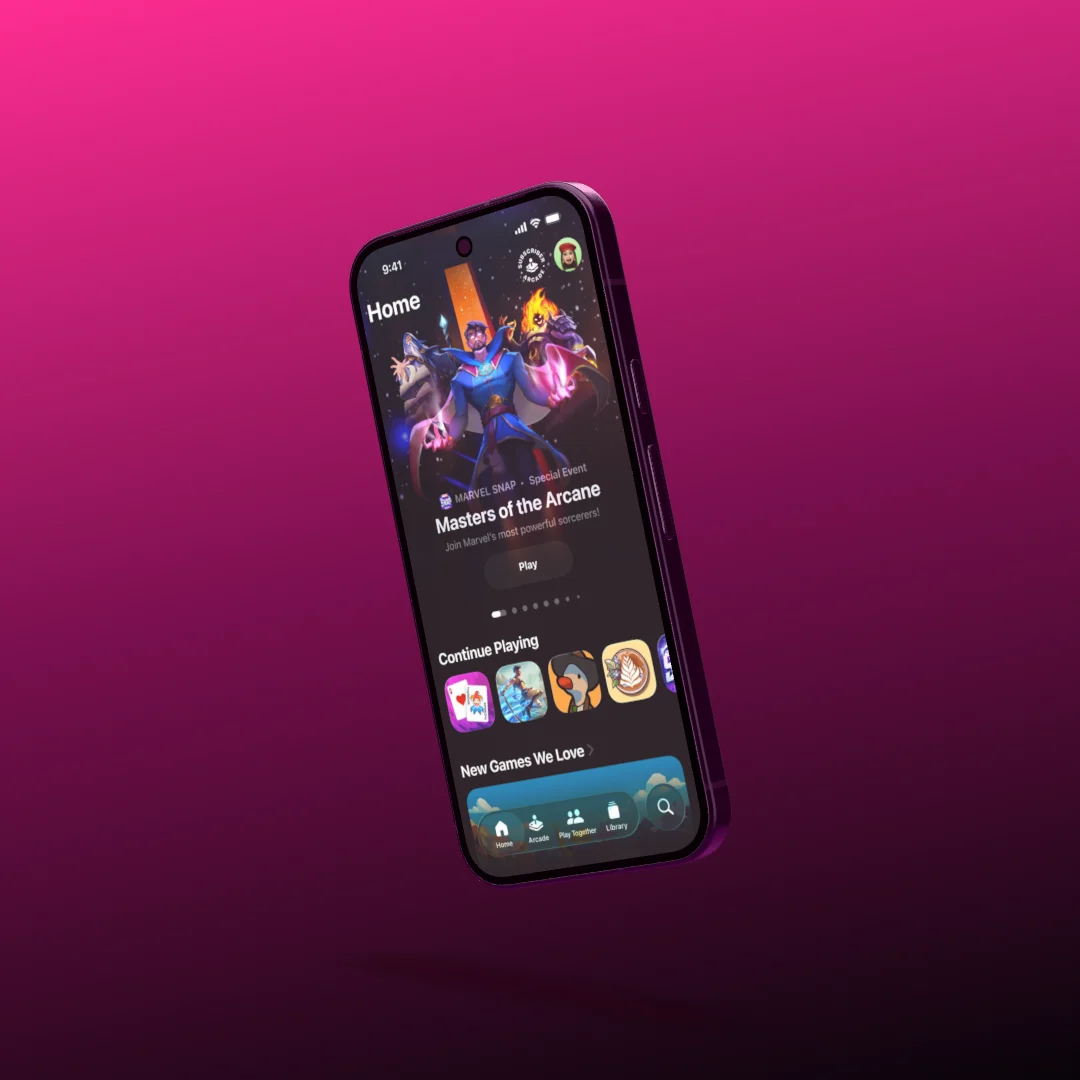 A Google Pixel mid-flight at an angle above the stage, with slight motion blur, against a dark gradient from magenta to black.