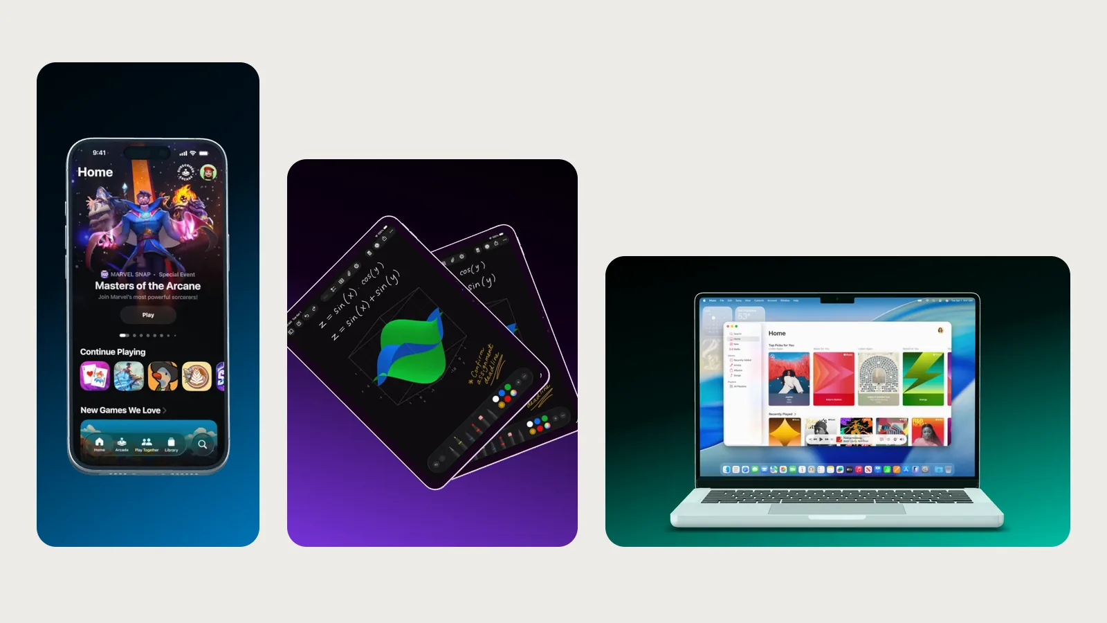 Drei gerenderte Mockups nebeneinander auf hellem Grund: ein iPhone im Hochformat, zwei aufgefächerte iPads und ein MacBook, jedes in seinem eigenen Seitenverhältnis.