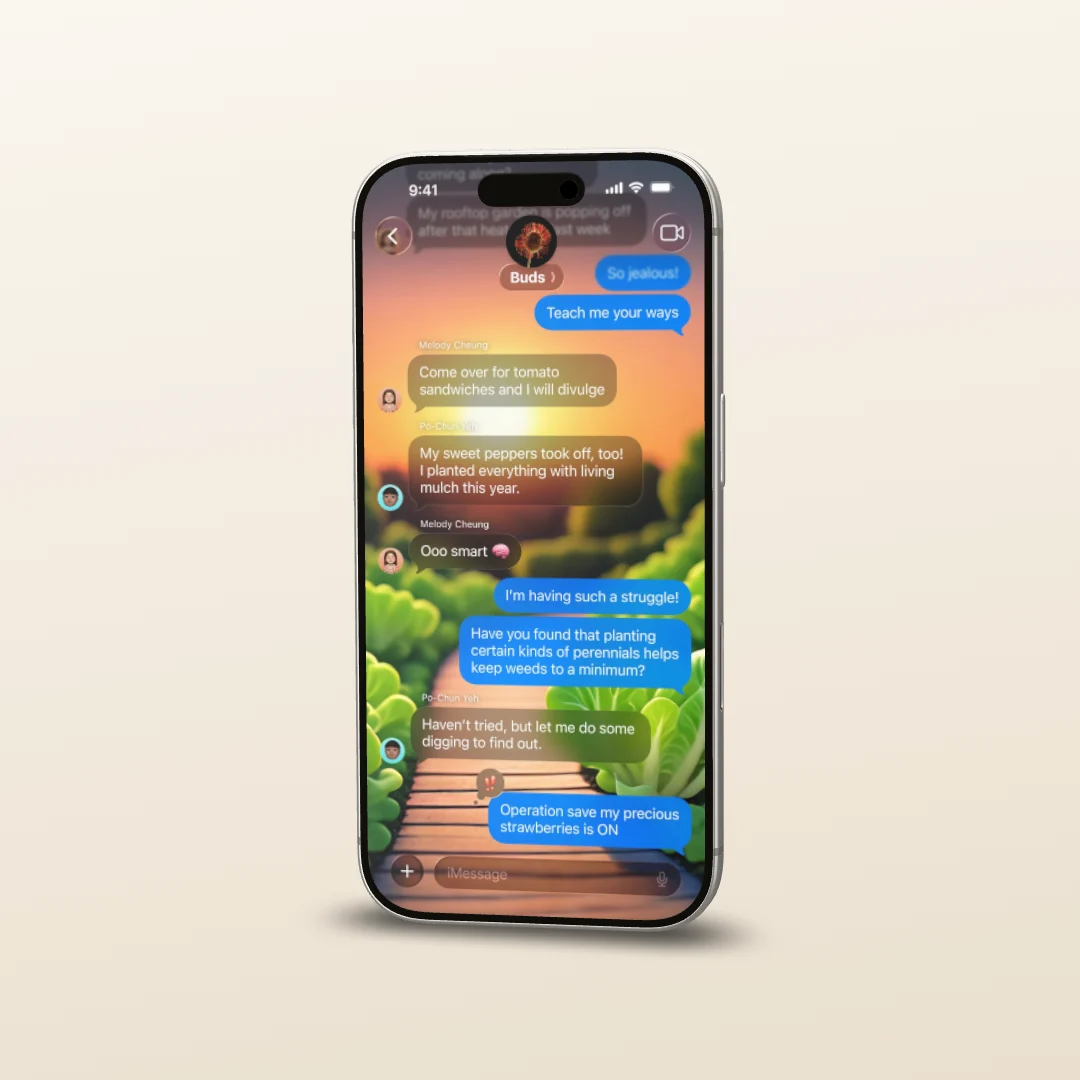 An iPhone 17 Pro seen slightly from the side, on a warm light solid background with a soft floor shadow, in portrait format.
