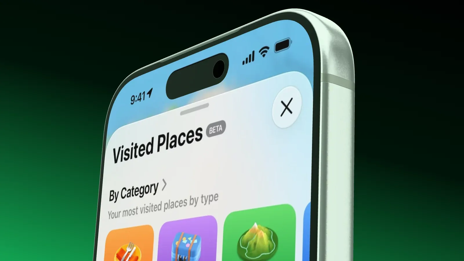 Die obere Ecke eines iPhone 17 Pro ganz nah vor einem Verlauf von Schwarz zu Grün, mit der Dynamic Island und einer sauberen Statusleiste mit 9:41.