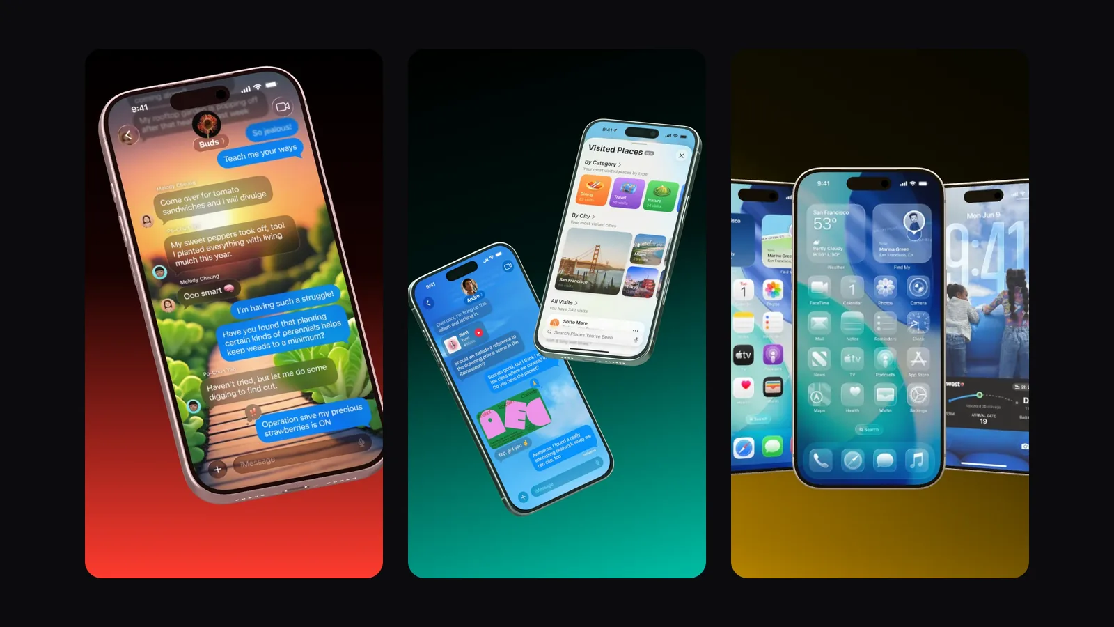Drei Standbilder im Hochformat nebeneinander auf dunklem Grund, wie Reels: ein schwebendes iPhone mit einem Chat, zwei gekreuzte iPhones und drei iPhones in einer Reihe.