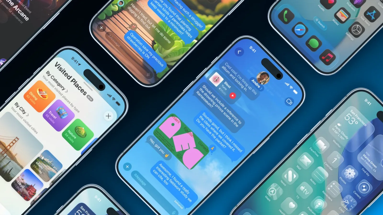 Sieben iPhones liegen schräg in einem Raster vor einem blauen Verlauf, auf jedem Display ein anderer Screenshot derselben Apps.