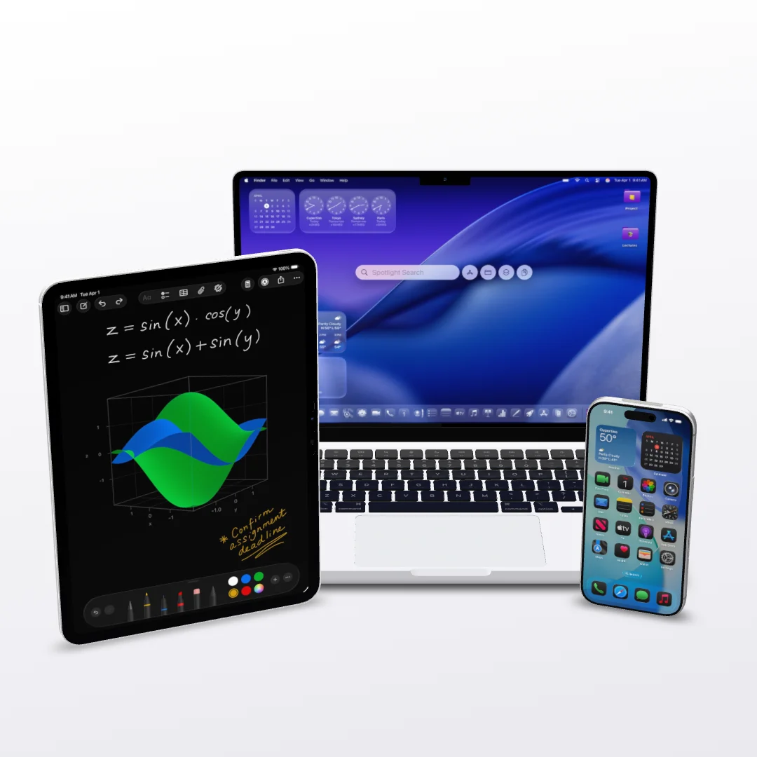 An iPhone, an iPad and an open MacBook as 3D models on a light stage, seen from slightly above at an angle, with a soft shadow on the floor.