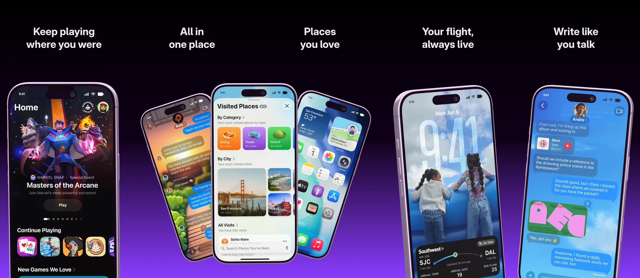 Five App Store images side by side on dark violet, each with a headline, a fan of three iPhones across the seam of images two and three
