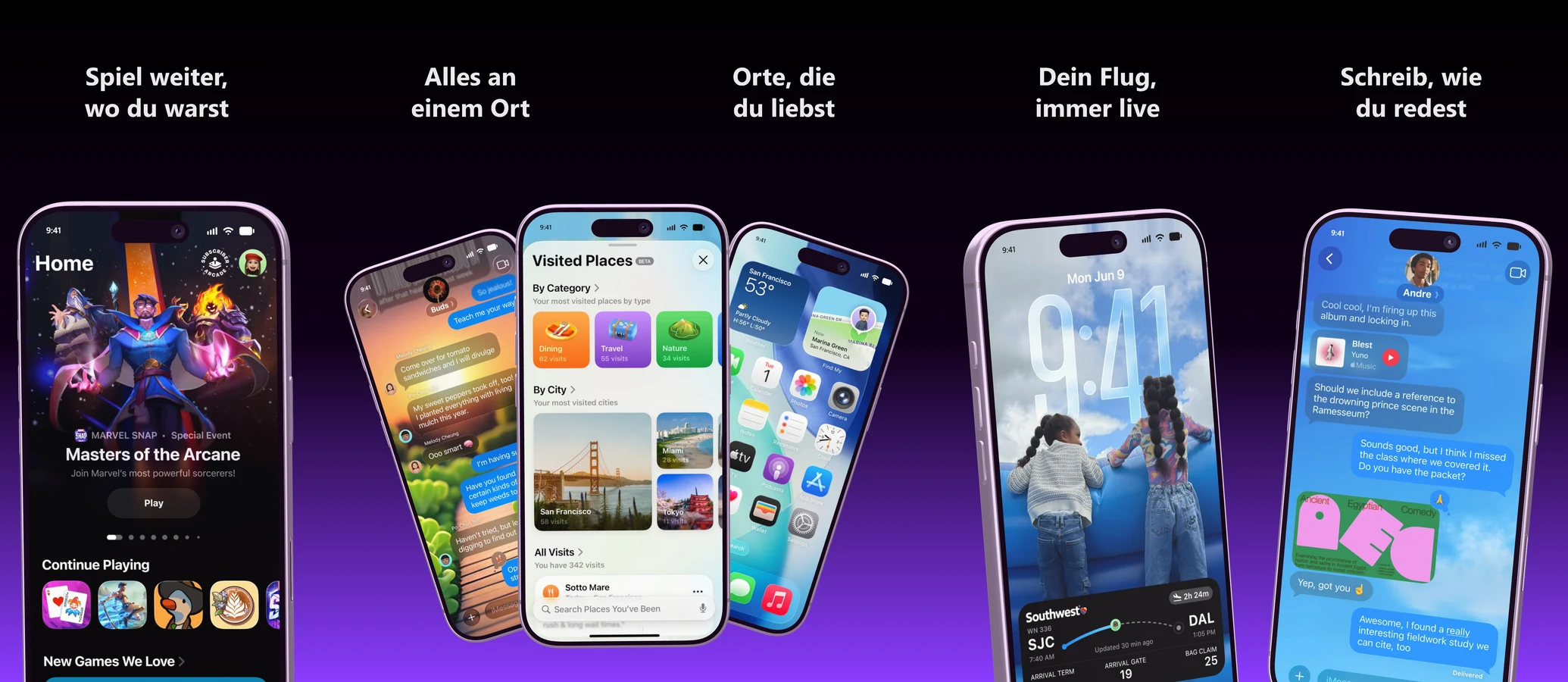Fünf Bilder für den App Store nebeneinander auf dunklem Violett, jedes mit Überschrift, ein Fächer aus drei iPhones über der Naht von Bild zwei und drei