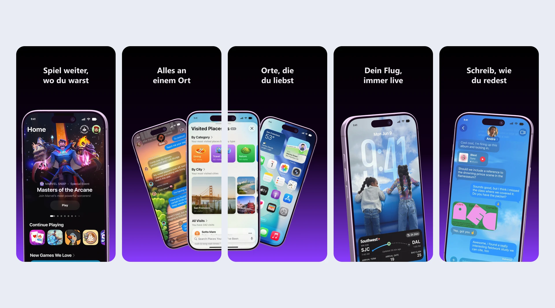 Fünf Bilder eines App Store Sets nebeneinander, gebaut von einer KI über MCP, jedes mit Überschrift und einem iPhone auf Violett