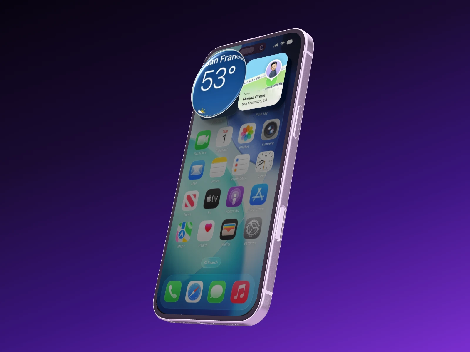 Ein schräg stehendes iPhone auf Violett, eine Ortskarte vom Display abgehoben und eine Glaslupe über der Temperatur
