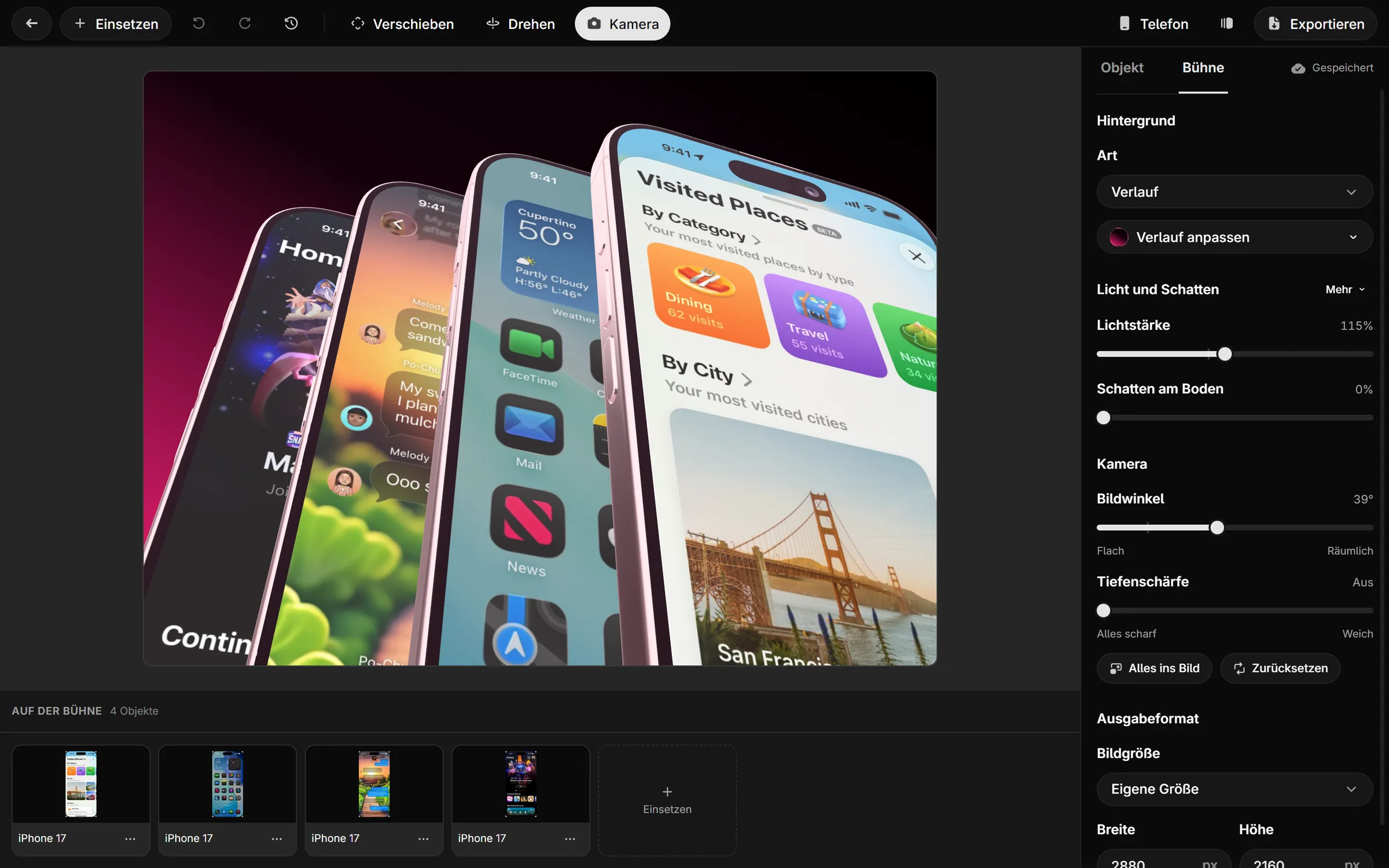 Der Editor von Showoff mit vier gefächerten iPhones, darunter die Zeitachse und rechts die Einstellungen der Bühne