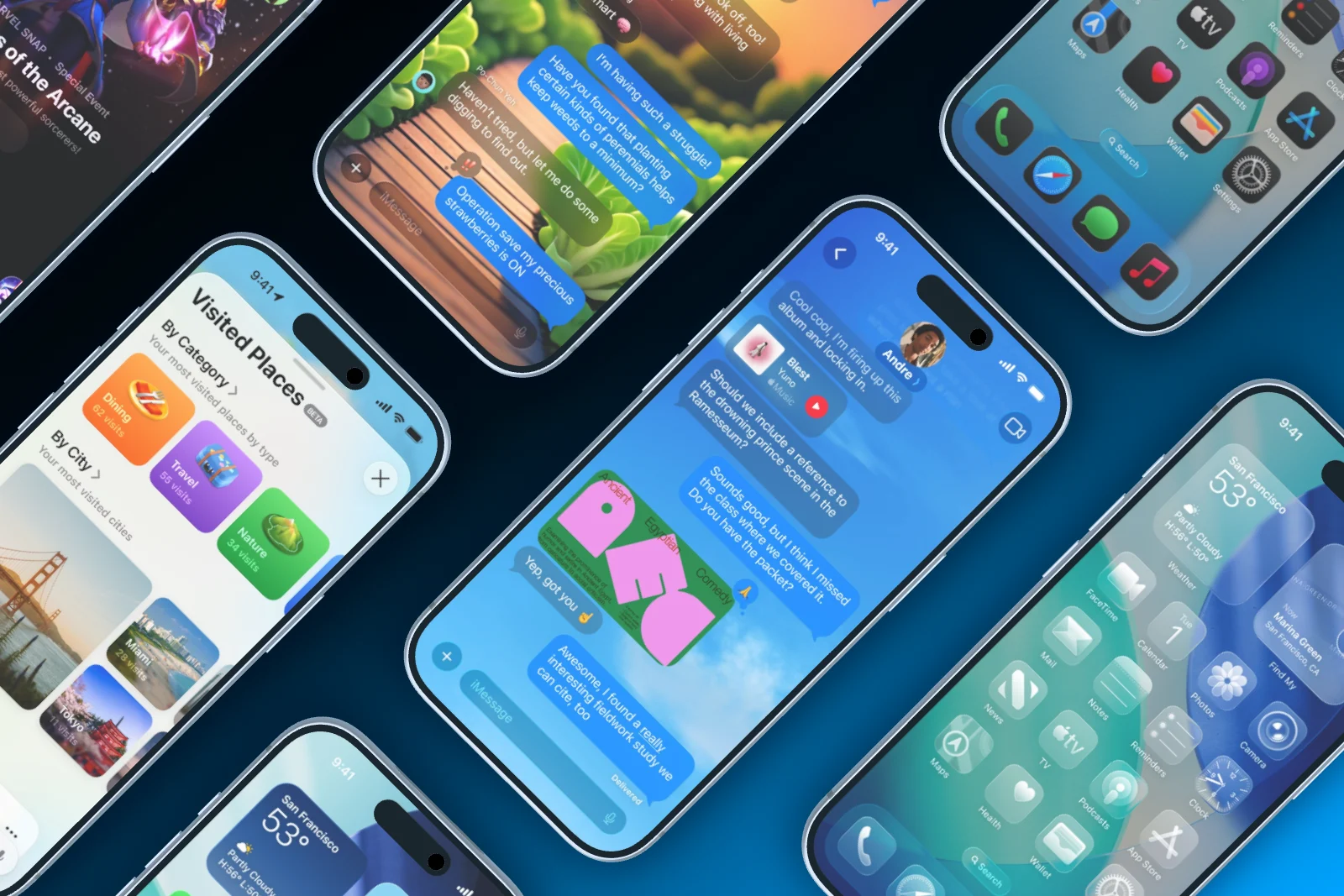 Mockup template with 7 × iPhone 17 Pro