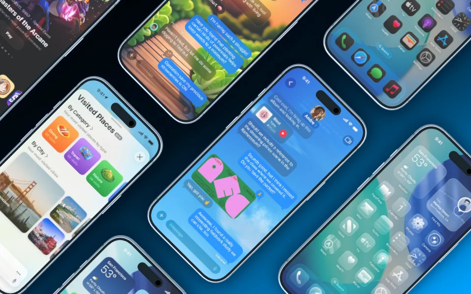 Mockup template with 7 × iPhone 17 Pro